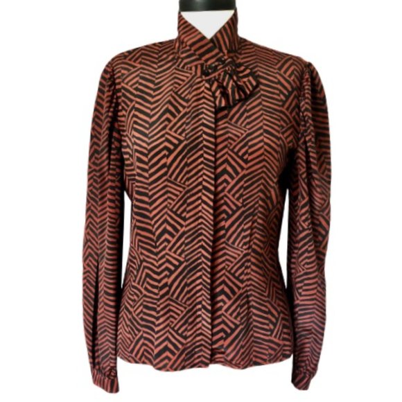 Vtg Geometric Puff Sleeve Ruffle Tab Patterned Top - Picture 2 of 15